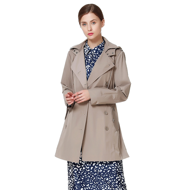 C141 女士防水聚酯纤维尼龙缺角领连帽双排扣风衣