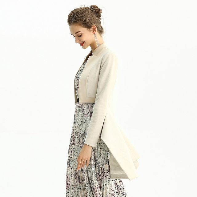 C134女士人造麂皮和缎面组合拉链腰中长大衣外套