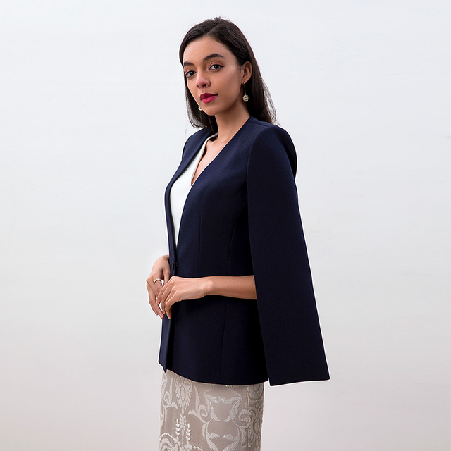 J188妇女聚酯crepe v领无袖量身定制的斗篷外套