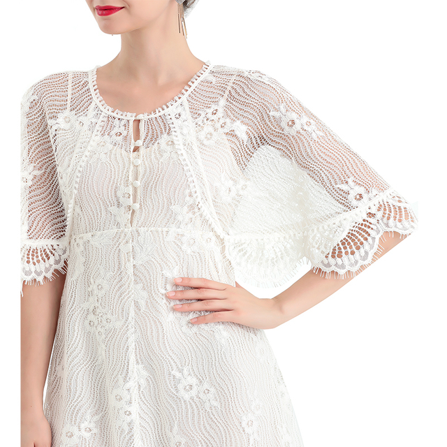 D078-2 女装花卉蕾丝披肩袖不对称下摆晚礼服中长连衣裙