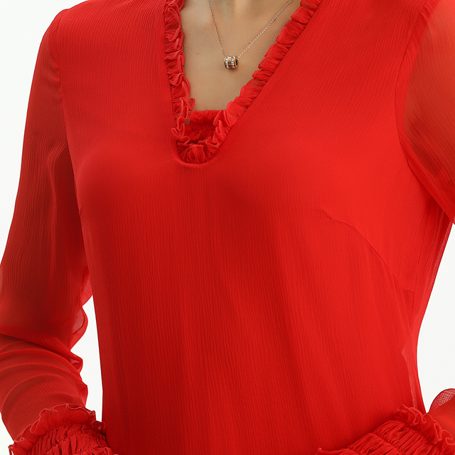 D099女装真丝褶皱雪纺长袖荷叶边细节直身中长晚礼服连衣裙