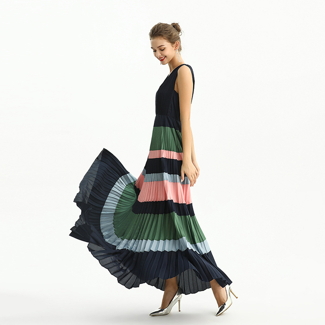 D198 女装拼色缎面 V 领太阳褶晚礼服长连衣裙 