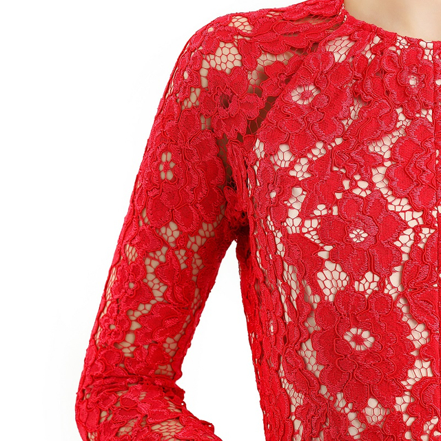 D080-2女装睫毛蕾丝长袖车褶喇叭派对中长连衣裙 