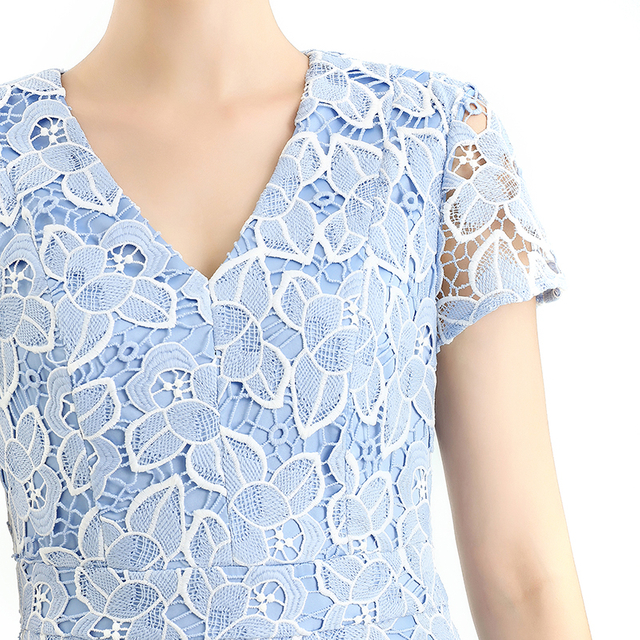 D062-5女装双色花朵镂空蕾丝V 领小肩袖喇叭形中长晚礼服连衣裙