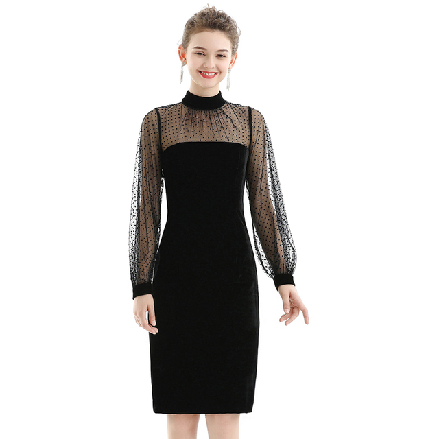 D030女装丝绒针织立领修身长泡泡袖晚礼服中长连衣裙