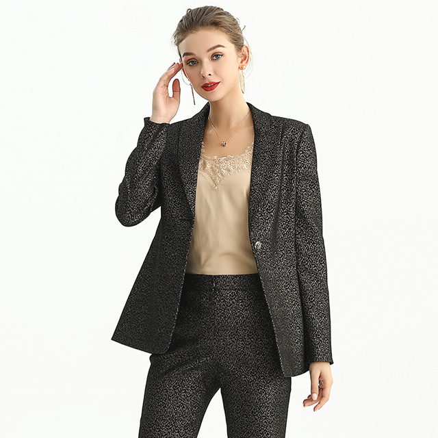 J155-2 女式金属色提花长袖缺角翻领剪裁单排扣西装外套