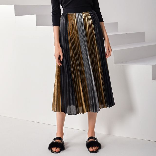 C027A 女式金属色印花拼色全圆旭日纹百褶晚装中长半身裙
