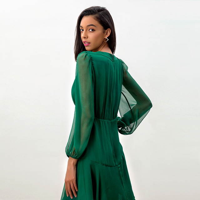 D272 女装真丝皱褶雪纺长泡泡袖荷叶边迷你连衣裙