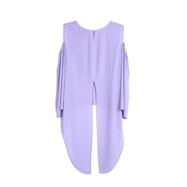 Y125 女士纯色露肩长袖前短后长不对称下摆大号衬衫