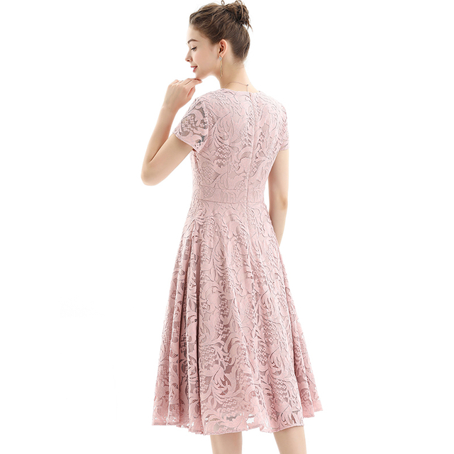 D062-2女装卷叶花蕾丝 V 领小肩袖喇叭形中长晚礼服连衣裙