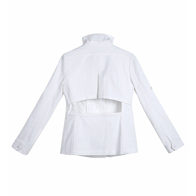 F015 女士纯色弹力斜纹布工装袋背面挖剪派克外套