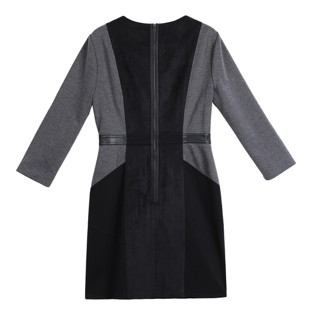 1G70 女士花灰针织拼接仿麂皮拼色休闲长袖短连衣裙