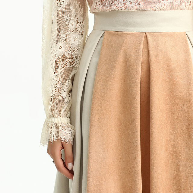 S136 女式仿麂皮拼色倒褶A字中长半身裙