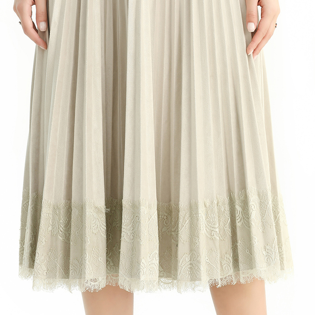 S126 女式人造绒面革蕾丝边饰全圆旭日纹百褶中长半身裙