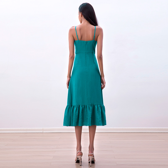 D261-2 女士纯色系带分层荷叶边喇叭中长派对连衣裙