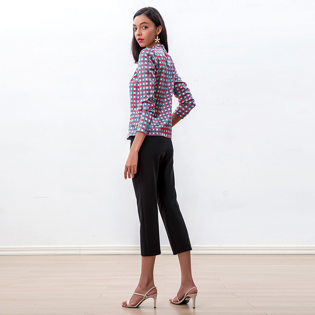 T268-1 女装真丝棉方格印花带领领带泡泡袖衬衫