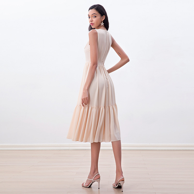 D178-1女装纯色重乔其纱无袖全圆喇叭中长连衣裙