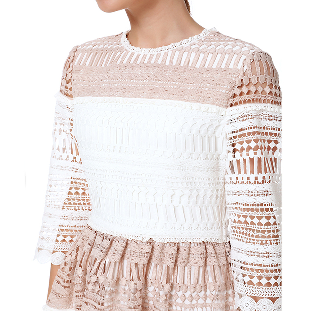 D139 女装编结式凸花蕾丝四分三袖拼接喇叭中长连衣裙