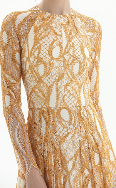 D080-1女装时尚睫毛蕾丝长袖车褶喇叭形派对中长连衣裙 