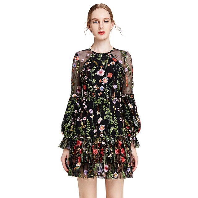 D005女装全刺绣泡泡长袖晚礼服迷你连衣裙