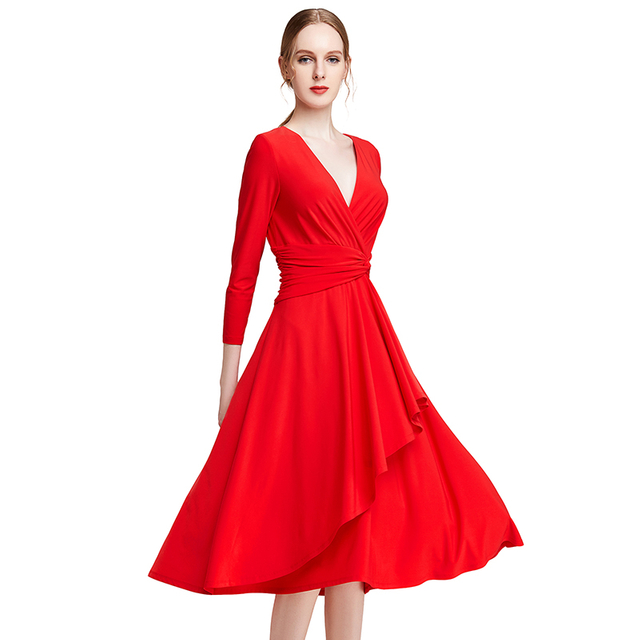 D010女装纯色针织四分三袖仿裹式中长连衣裙