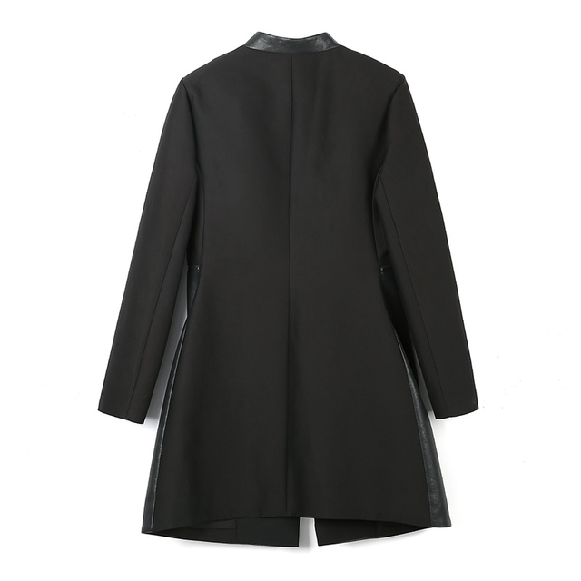 5969 女士纯色梭织人造皮革组合拉链腰中长夹克