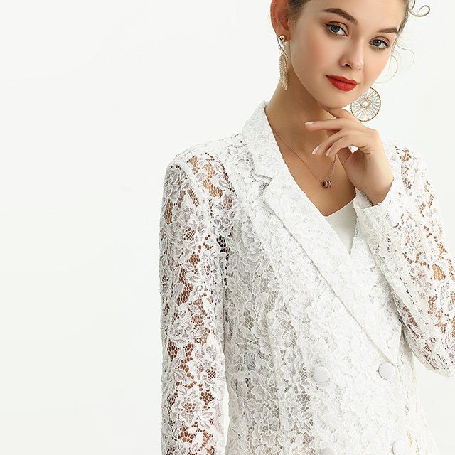 J214纯色花卉蕾丝双排纽扣长袖晚装外套