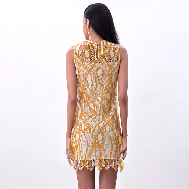 D097-1女装时尚睫毛蕾丝无袖合身商务派对迷你连衣裙 