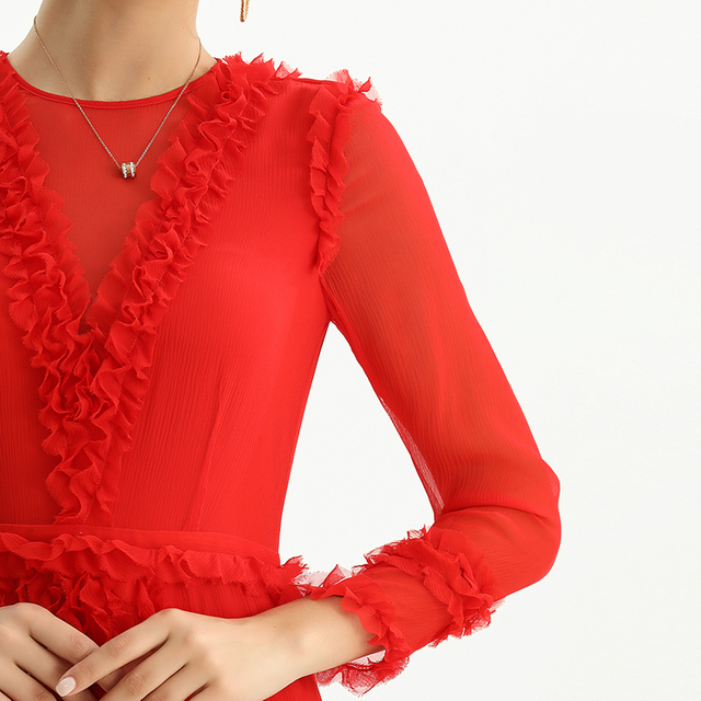 D084-2 女装真丝褶皱雪纺四分三袖荷叶边细节中长晚礼服连衣裙