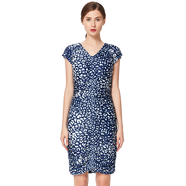 D019女装豹纹印花V领小肩袖修身迷你连衣裙