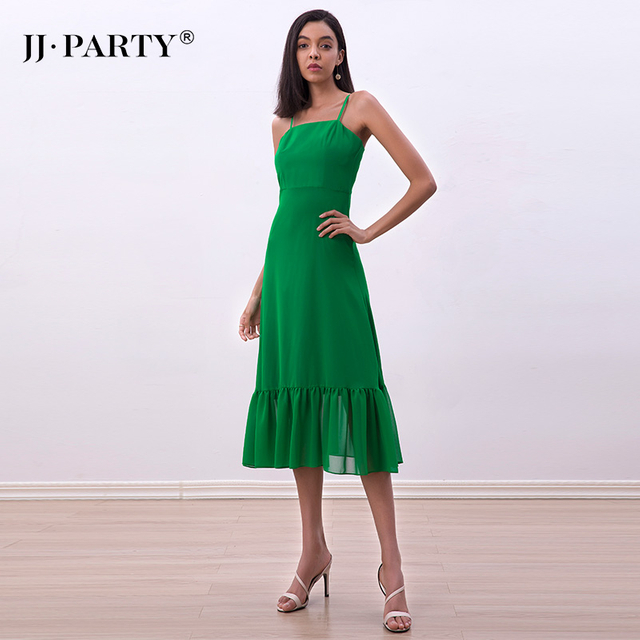D261-1 女士纯色雪纺系带分层荷叶边喇叭中长派对连衣裙