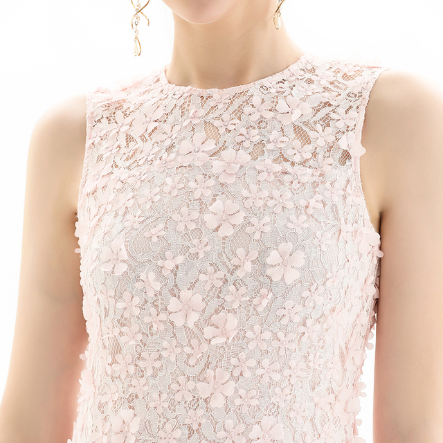 D117-1女装立体花朵蕾丝无袖直身派对中长连衣裙