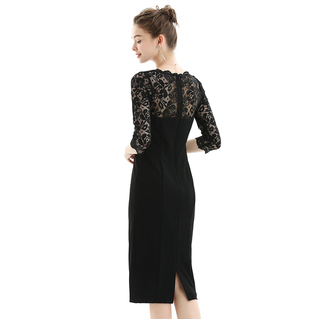 D072女装针织扇形饰边蕾丝拼接四分三袖合身中长连衣裙