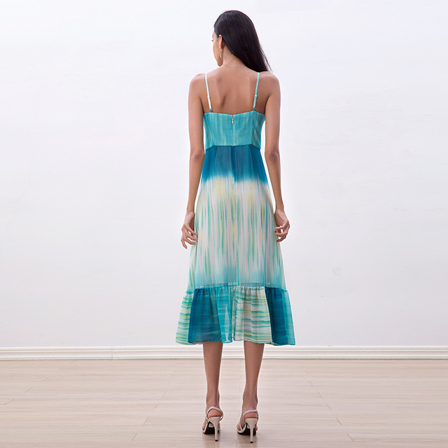 D261 女士扎染印花系带分层荷叶边喇叭中长连衣裙
