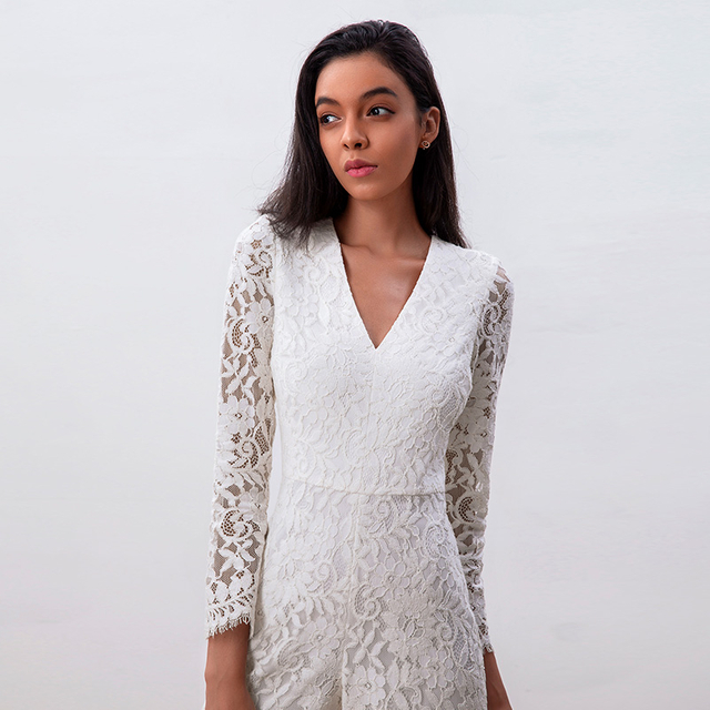 R220女装全蕾丝长袖荷叶边细节派对连身裤 