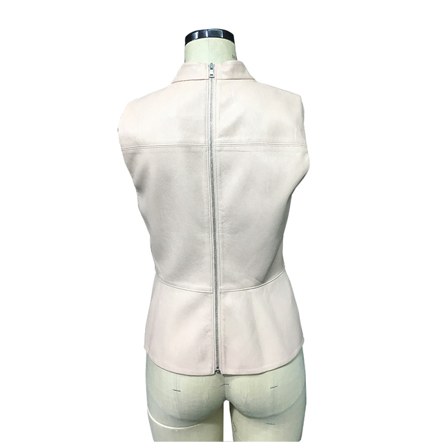 T241 女装人造皮革立领无袖荷叶腰摆设计上衣