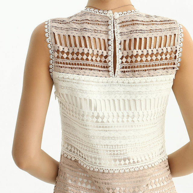 D115 女装编结刺绣蕾丝拼接直身商务派对中长连衣裙