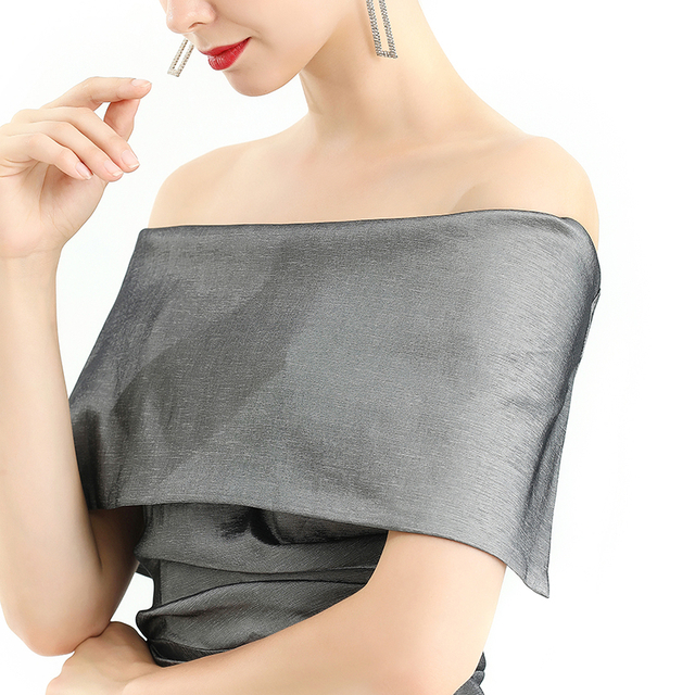 D111女装纯色露肩抽褶贴身晚礼服长连衣裙 