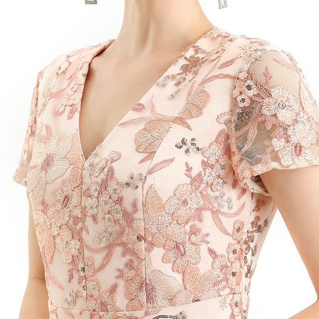 D062-6 女装花卉刺绣亮片V 领小肩袖喇叭形中长晚礼服连衣裙