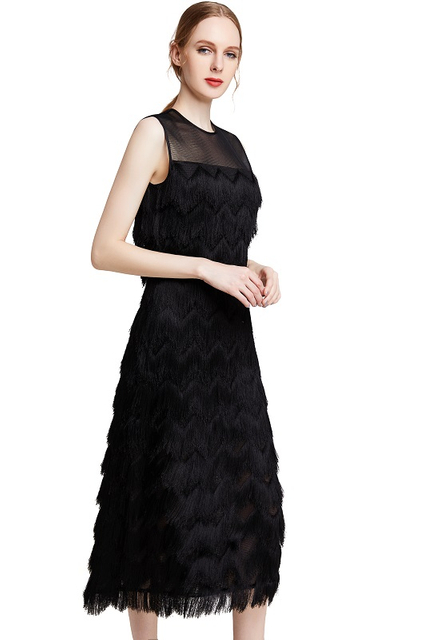 D003女装多层流苏无袖晚礼服中长连衣裙 