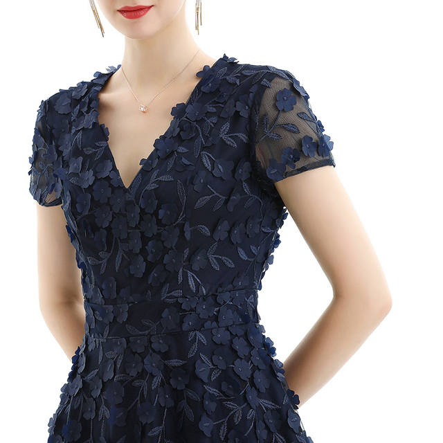 D063-1女装立体花朵刺绣网纱V 领小肩袖喇叭形中长晚礼服连衣裙         