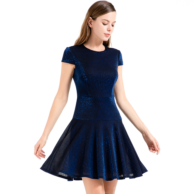 D025女装金属薄针织圆领小肩袖晚礼服迷你连衣裙