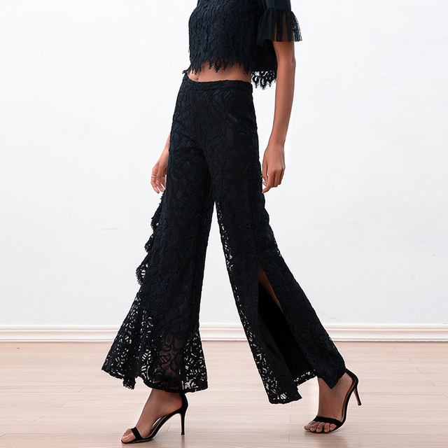 P219-1女性黑色花边蕾丝不对称级联荷叶边派对裤子裤子