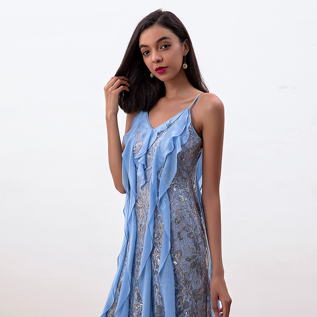 D227 女装亮片蕾丝吊带荷叶边细节派对中长连衣裙