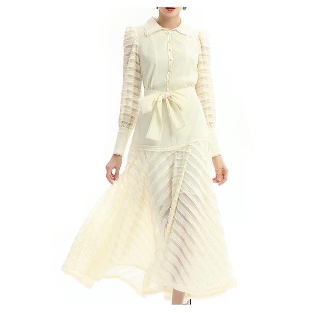 D035 女装纯色衬衫领长袖条纹细节喇叭长连衣裙