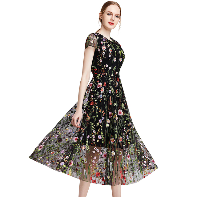 D009女装花卉刺绣网眼小肩袖晚礼服中长连衣裙