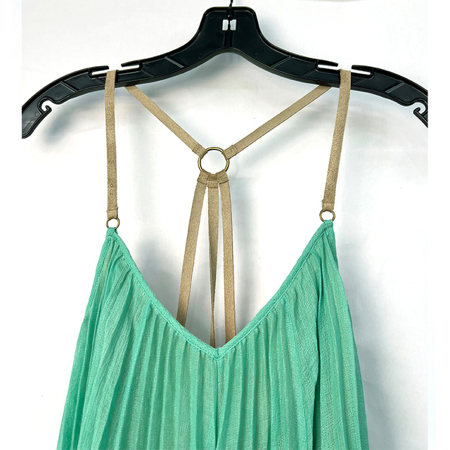 9D51 女士纯色薄纱 V 领露背系带褶裥迷你连衣裙