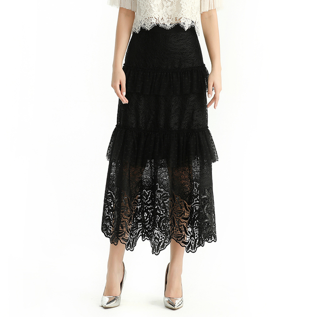 S167 女士亮片缀饰蕾丝瑞士圆点薄纱分层荷叶边长款晚礼服