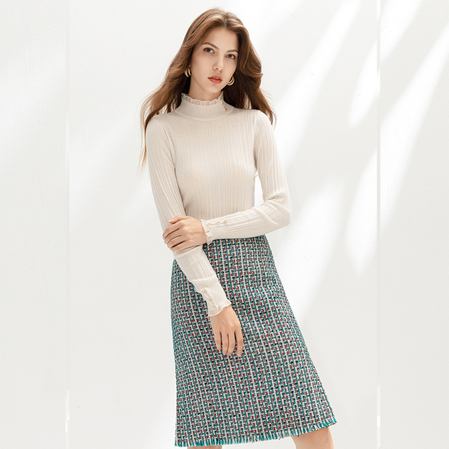 C153 女士花呢格子流苏下摆 A 字中长半身裙