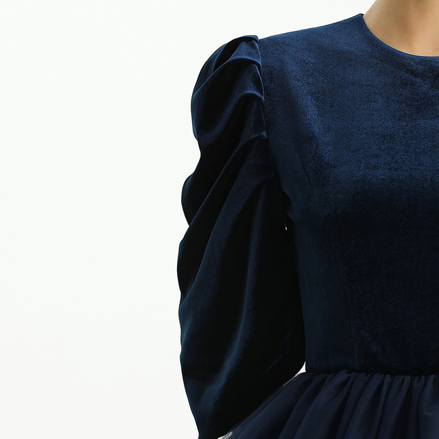 D193 女装女童丝绒四分三泡泡袖分層喇叭型网纱礼服 